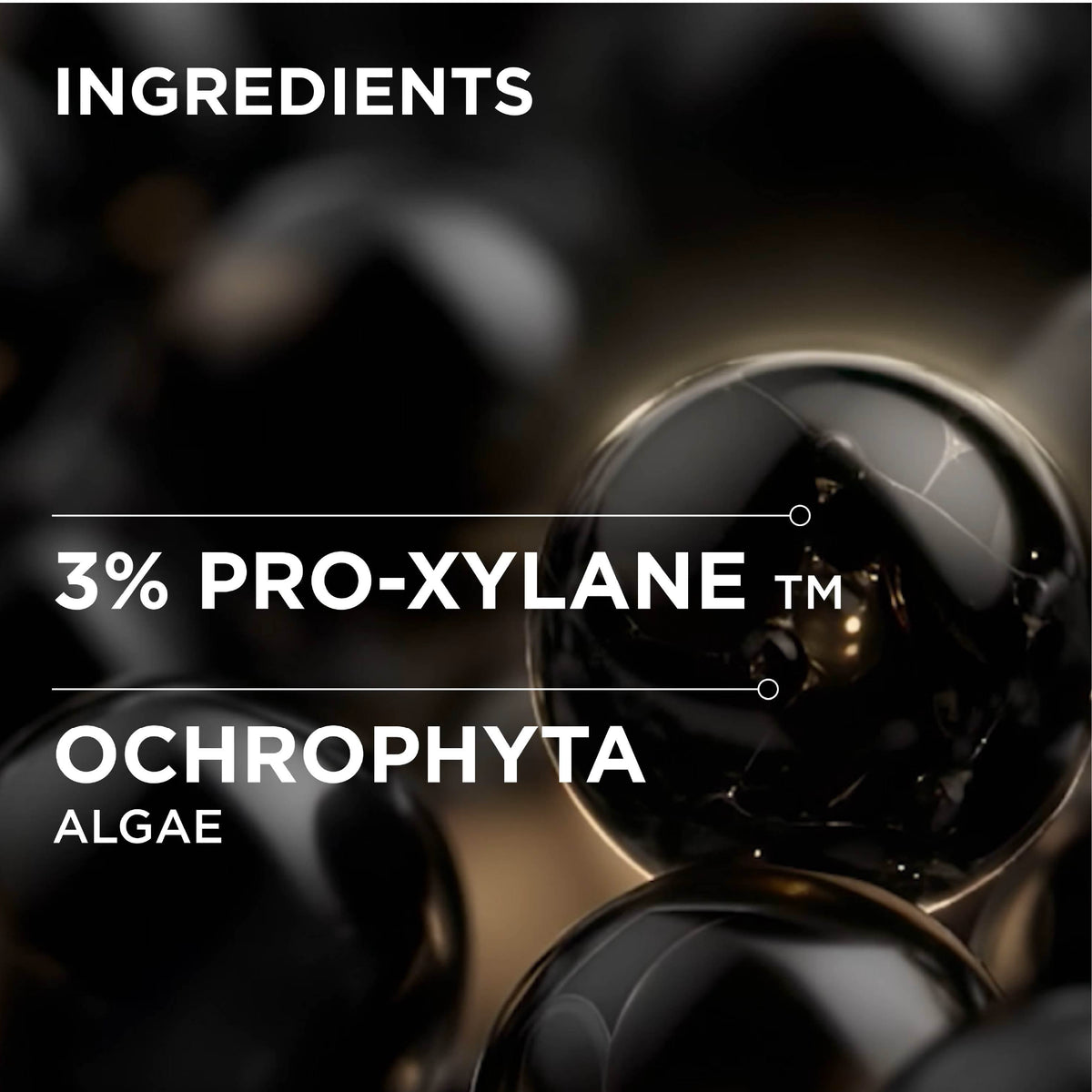 Ingredients graphic showing glossy black spheres with white text reading 'INGREDIENTS', '3% PRO-XYLANE TM', and 'OCHROPHYTA ALGAE' on a dark abstract background.