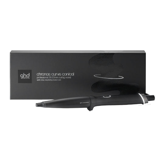 Black ghd curling wand with packaging on a white background