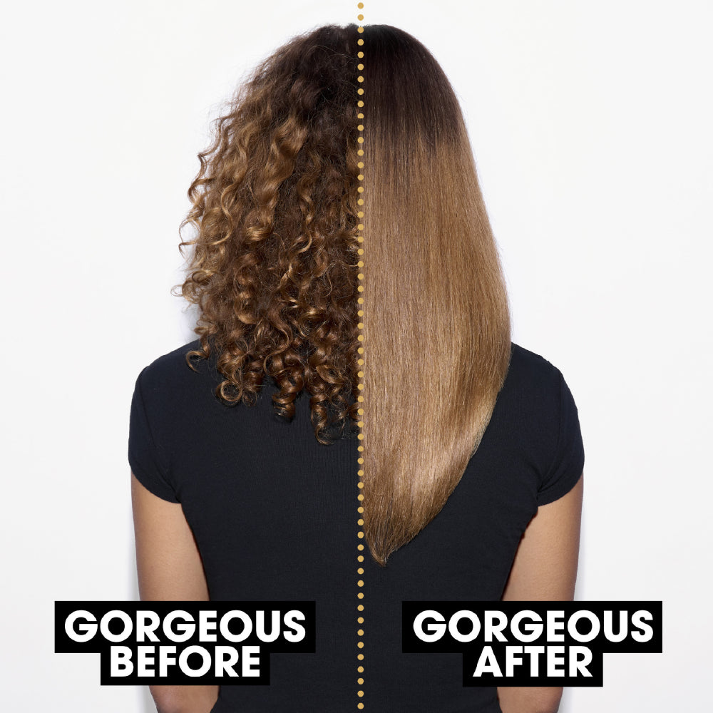 Before and after comparison of hair transformation with 'Gorgeous Before' and 'Gorgeous After' text.