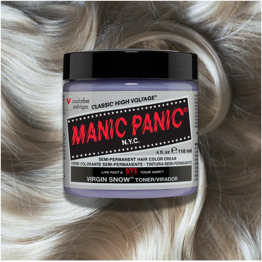Manic Panic hair color cream jar on a background of blonde hair