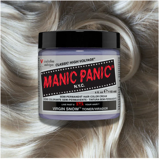 Manic Panic hair color cream jar on a background of blonde hair