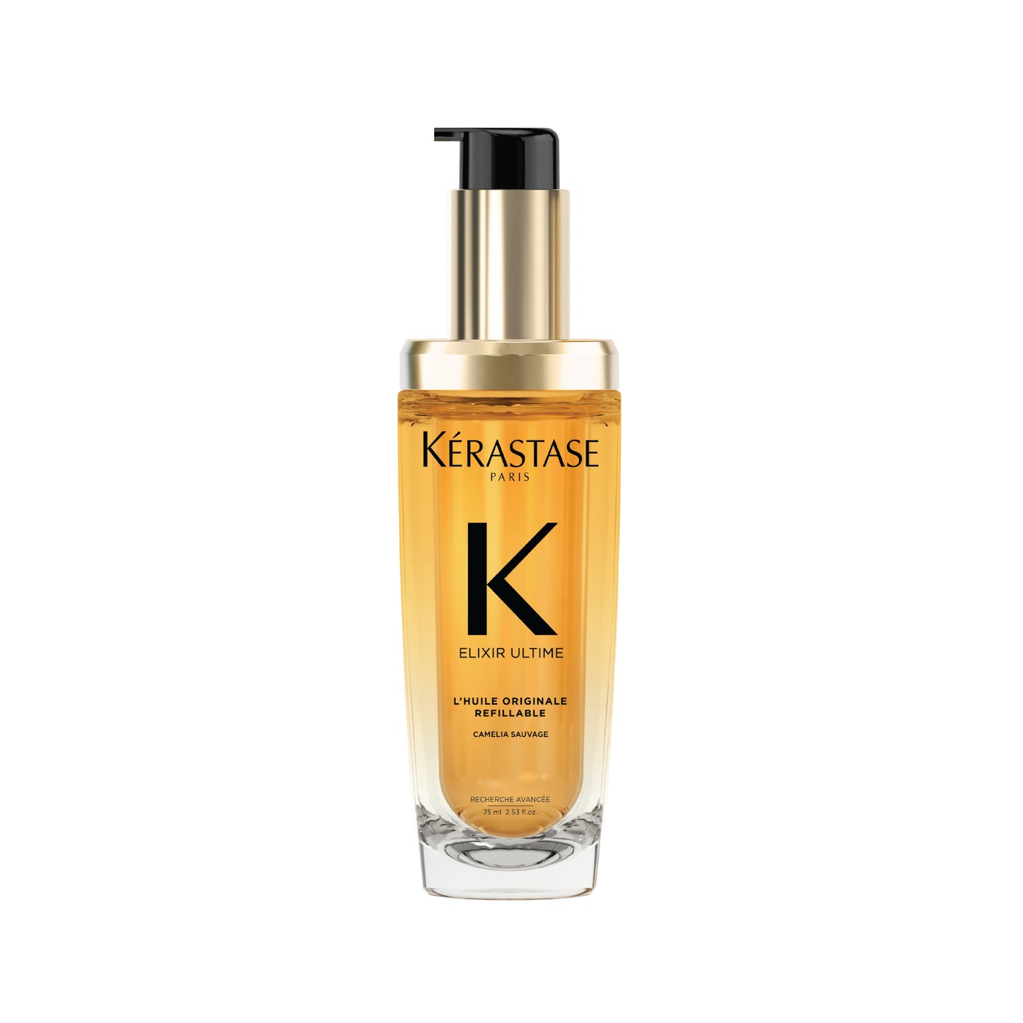 A clear glass bottle with a pump dispenser, containing yellow-hued hair oil, labeled Kérastase Elixir Ultime L'Huile Originale.