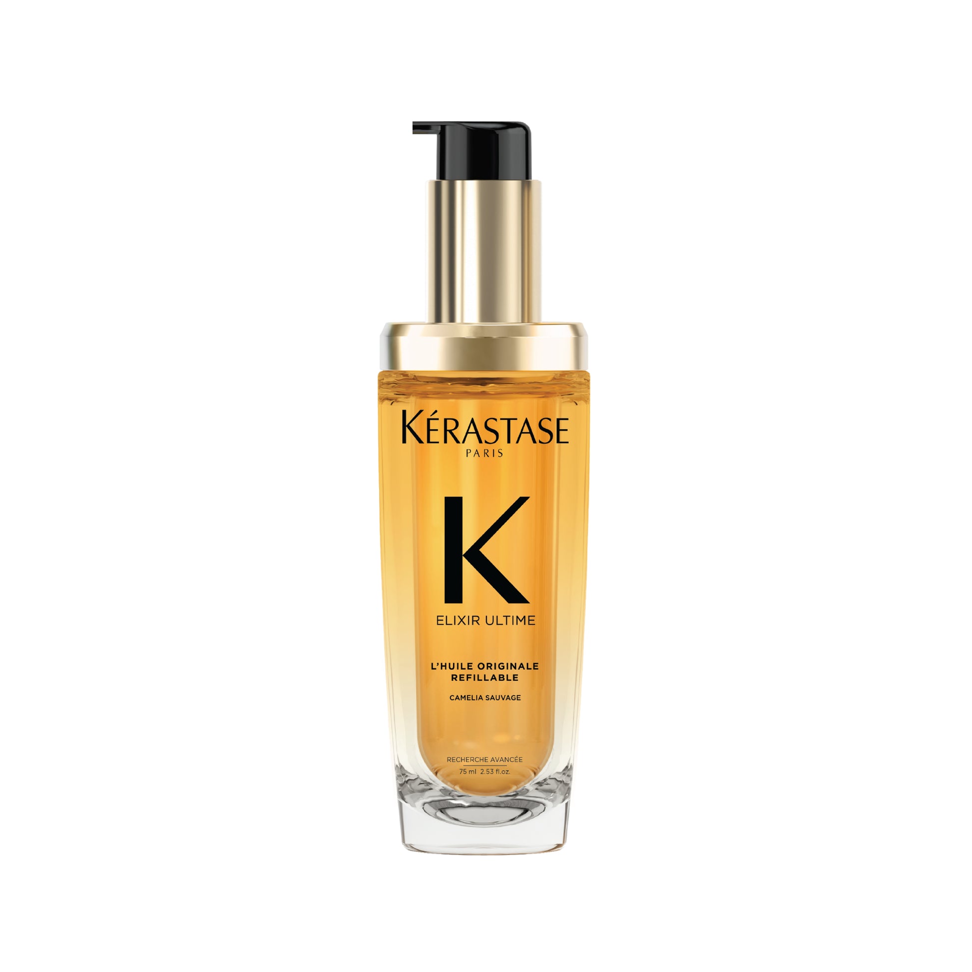 A clear glass bottle with a pump dispenser, containing yellow-hued hair oil, labeled Kérastase Elixir Ultime L'Huile Originale.