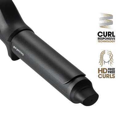 Black hair styling tool with 'Curl Responsive Technology' and 'HD Frizz Free Curls' features on a white background.