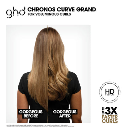 Advertisement for ghd Chronos Curve Grand hair straightener showing before and after results.