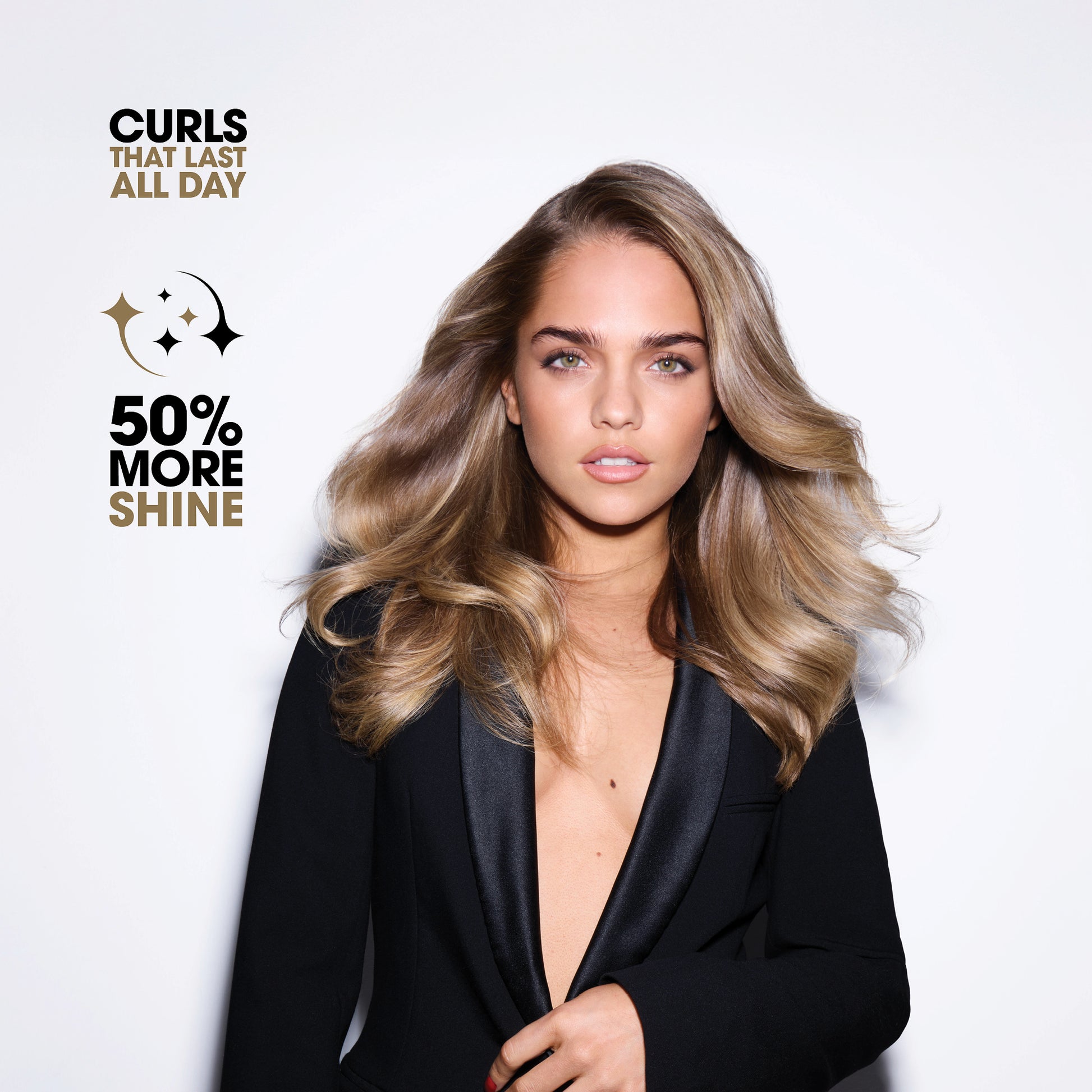 Woman with styled hair and promotional text about hair product benefits on a white background