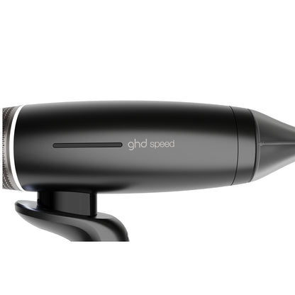 Black ghd speed hair dryer on a white background