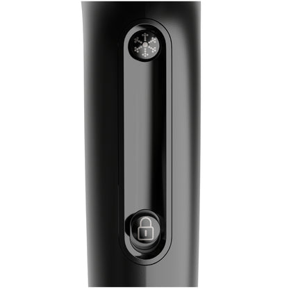 Close-up of a black electronic device with a lock symbol on a white background
