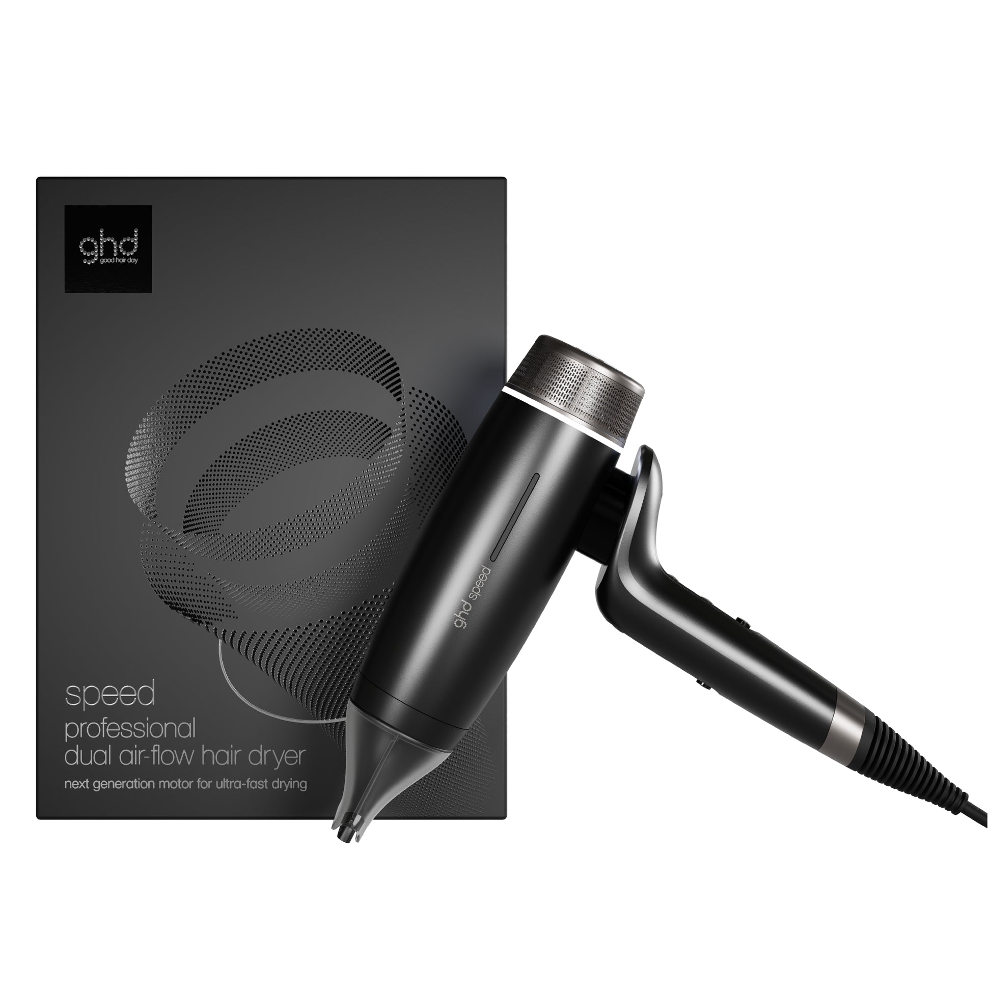 Black hair dryer with ghd logo next to its packaging on a white background